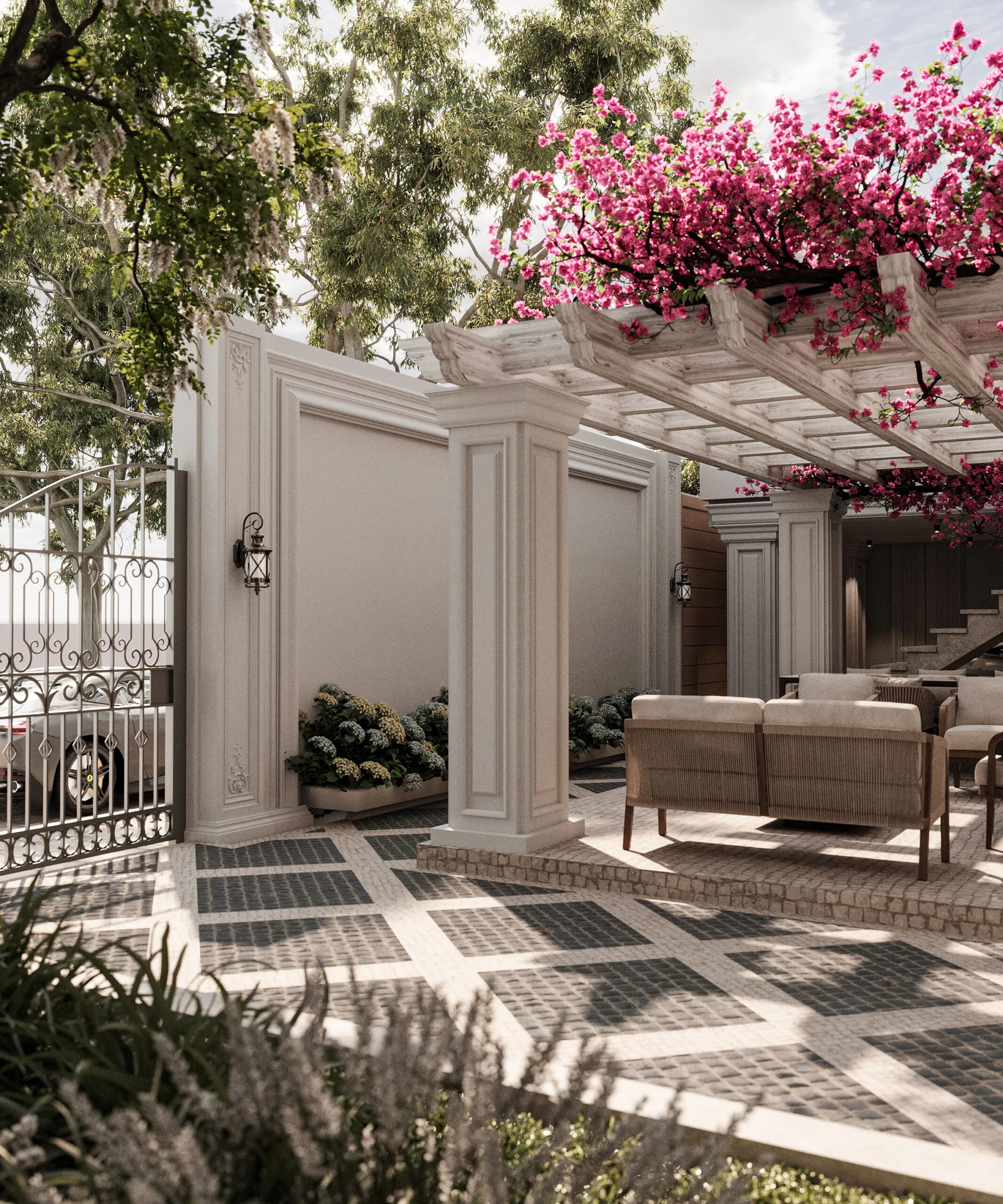 Outdoor garden landscaping with pergola, bougainvillea and shaded seating in Al Khobar — Innovative Standards Engineering Consultancy