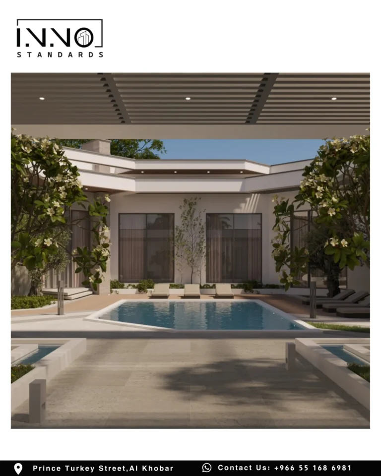 المسبح والبرجولا الخارجية — فيلا سكنية بطراز مودرن مينماليست في حي الجامعة، الظهران، تصميم معماري 600 متر مربع