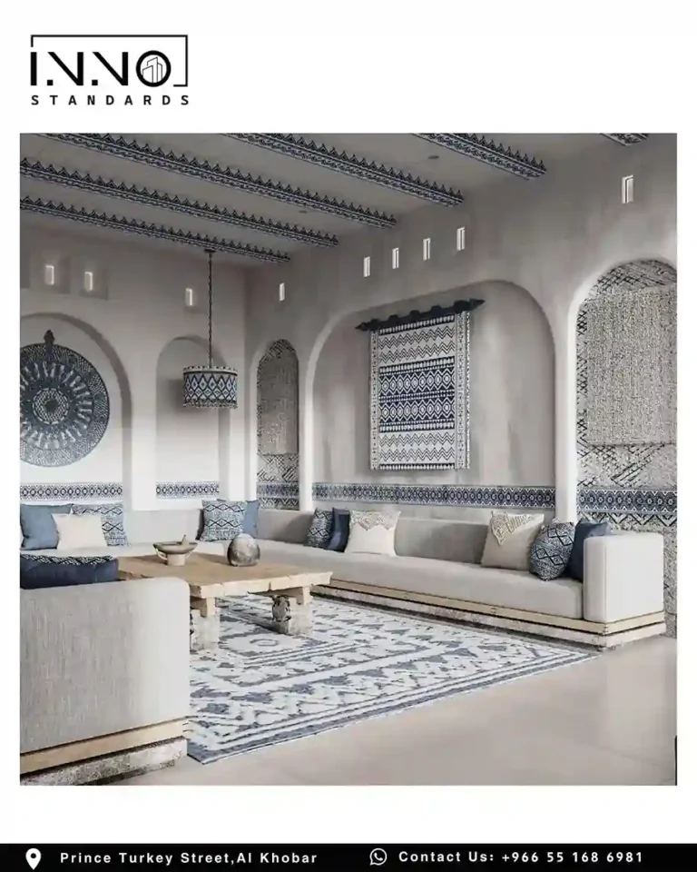مجلس يوناني بأطباق سيراميك زرقاء — تصميم شاليه تجاري بطراز يوناني في حي الفرسان، الدمام، 750 متر مربع
