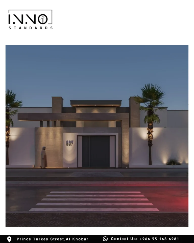 المدخل الرئيسي بإضاءة ليلية — فيلا سكنية بطراز مودرن مينماليست في حي الجامعة، الظهران، تصميم معماري 600 متر مربع