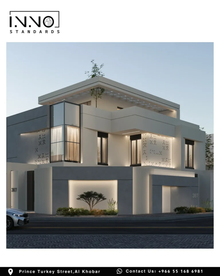 منظور جانبي للواجهة — فيلا سكنية بطراز عمارة الساحل الشرقي في حي الكوثر، الخبر، تصميم معماري 402 متر مربع