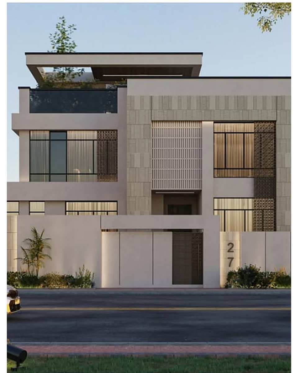 الواجهة الأمامية — فيلا سكنية بطراز عمارة الساحل الشرقي في حي أجيال، الظهران — تصميم معماري 519 متر مربع